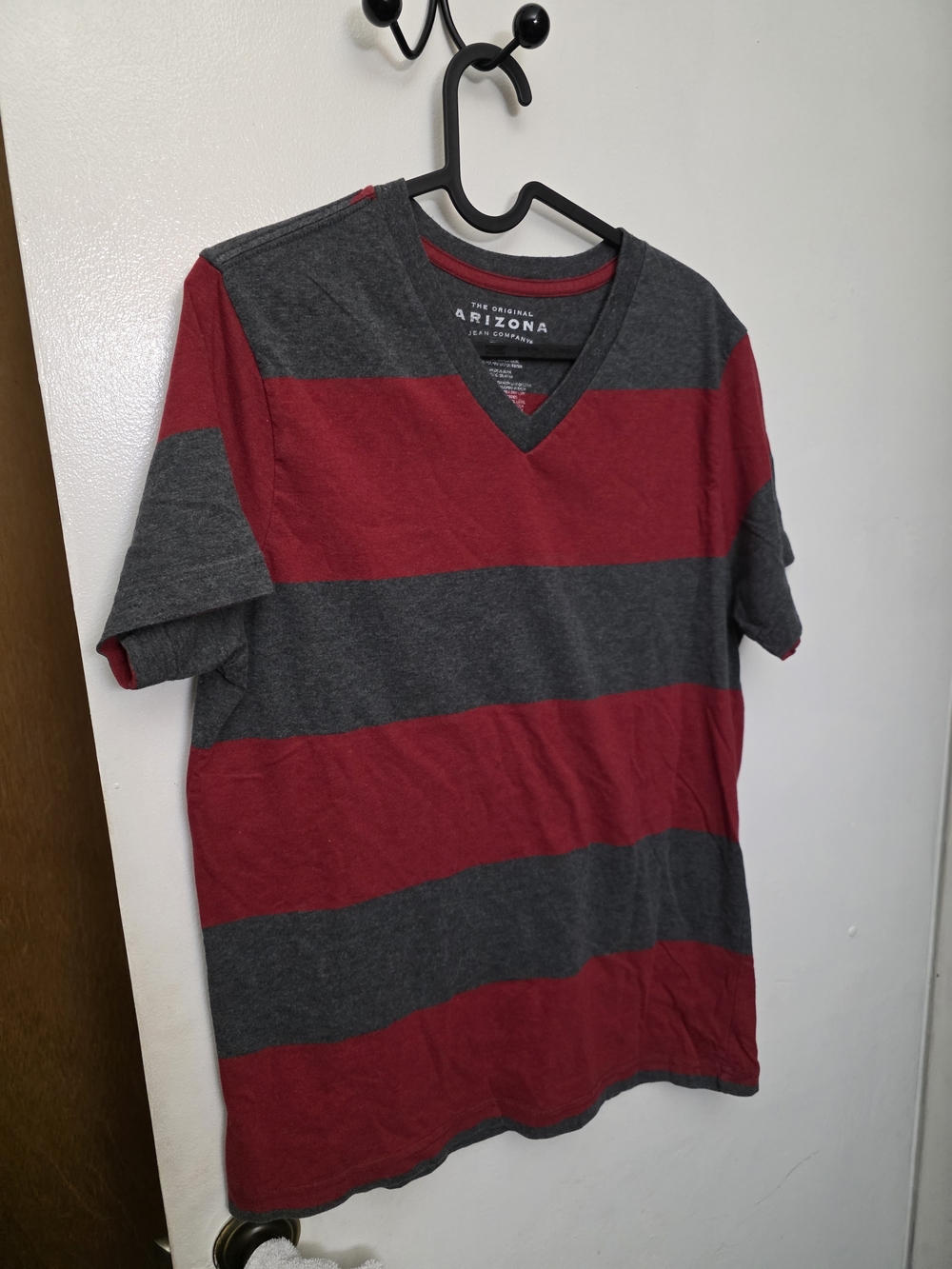 Arizona Jean Company Red and Charcoal V-Neck Striped Tee